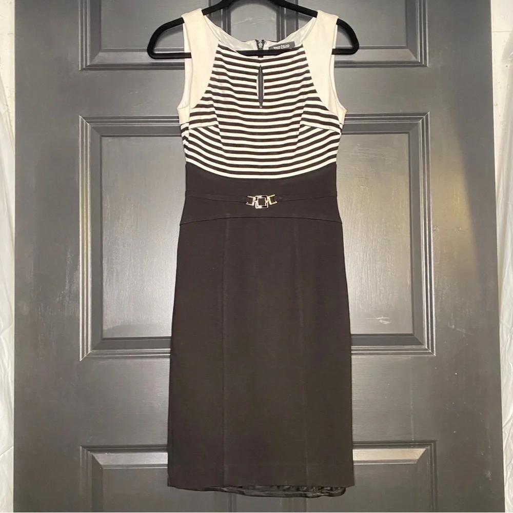 White House Black Market Career Shift Dress Black White Stripe Size 00